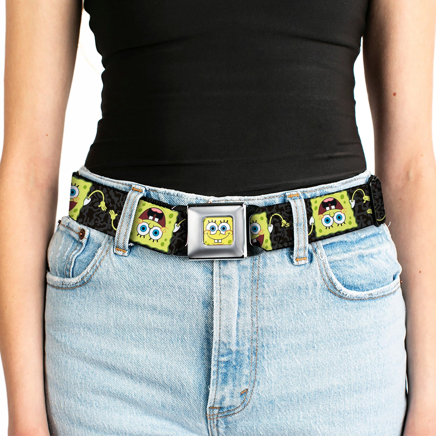 Sponge Bob Face CLOSE-UP Full Color Seatbelt Belt - SpongeBob Pose Flip/Camo Gray/Black Webbing