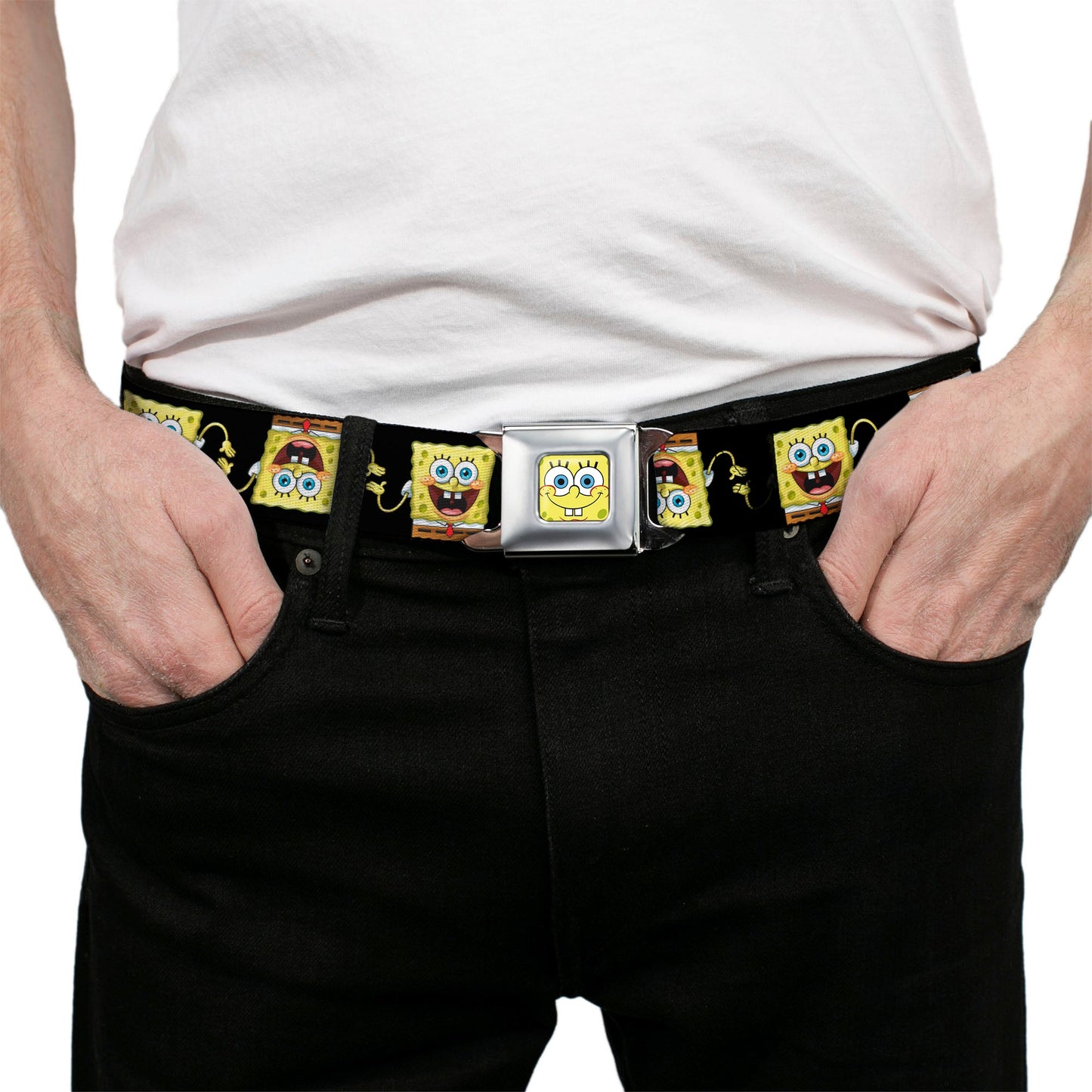 Sponge Bob Face CLOSE-UP Full Color Seatbelt Belt - SpongeBob 3-D Pose Flip Black Webbing
