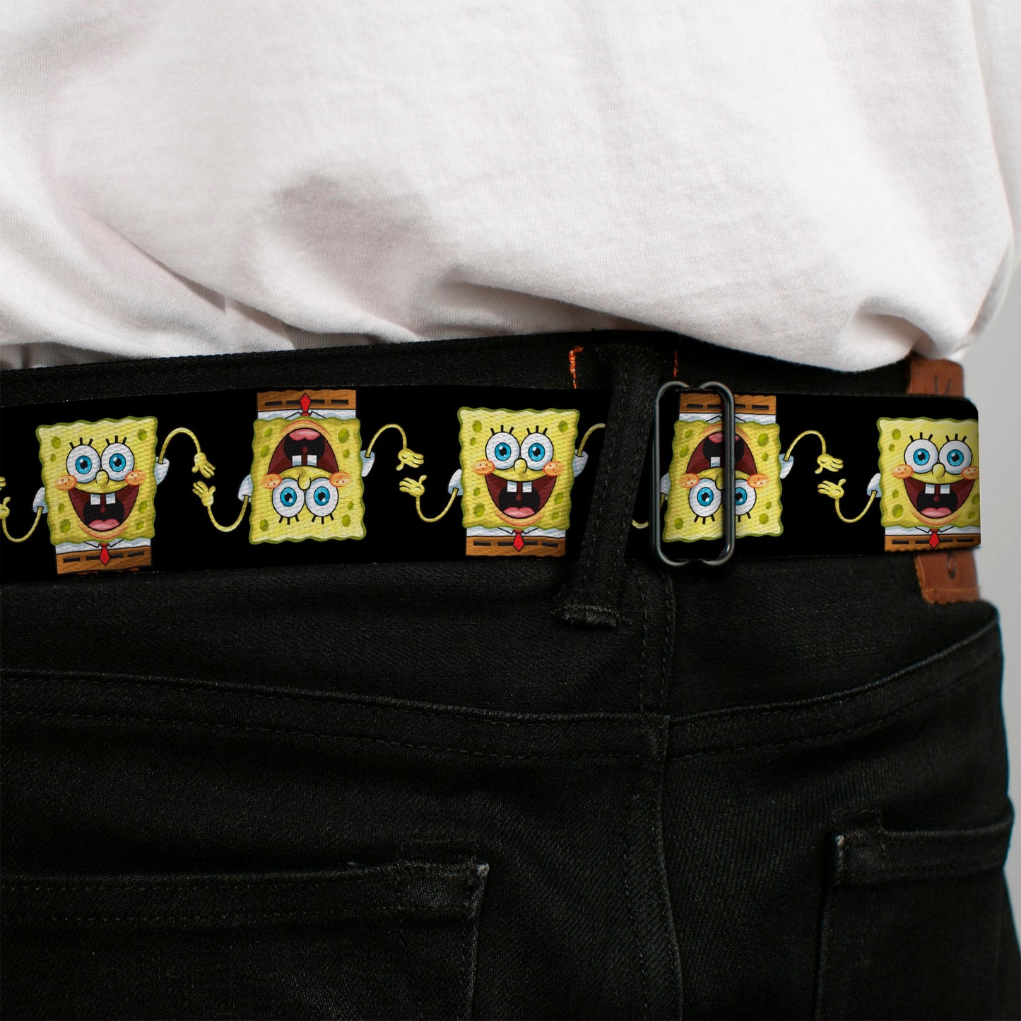 Sponge Bob Face CLOSE-UP Full Color Seatbelt Belt - SpongeBob 3-D Pose Flip Black Webbing