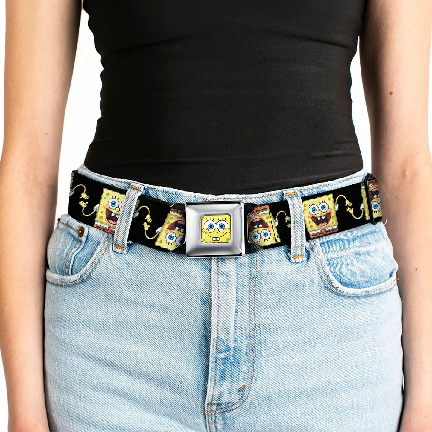Sponge Bob Face CLOSE-UP Full Color Seatbelt Belt - SpongeBob 3-D Pose Flip Black Webbing