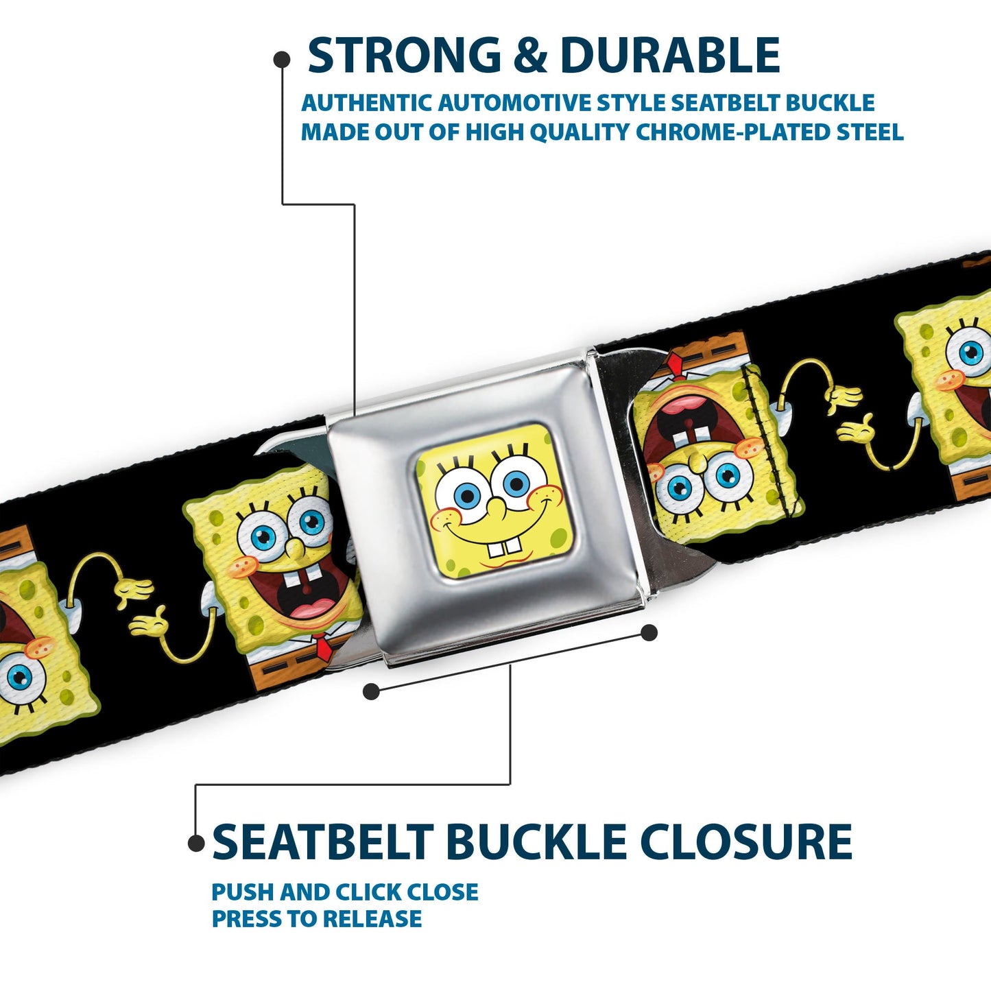 Sponge Bob Face CLOSE-UP Full Color Seatbelt Belt - SpongeBob 3-D Pose Flip Black Webbing