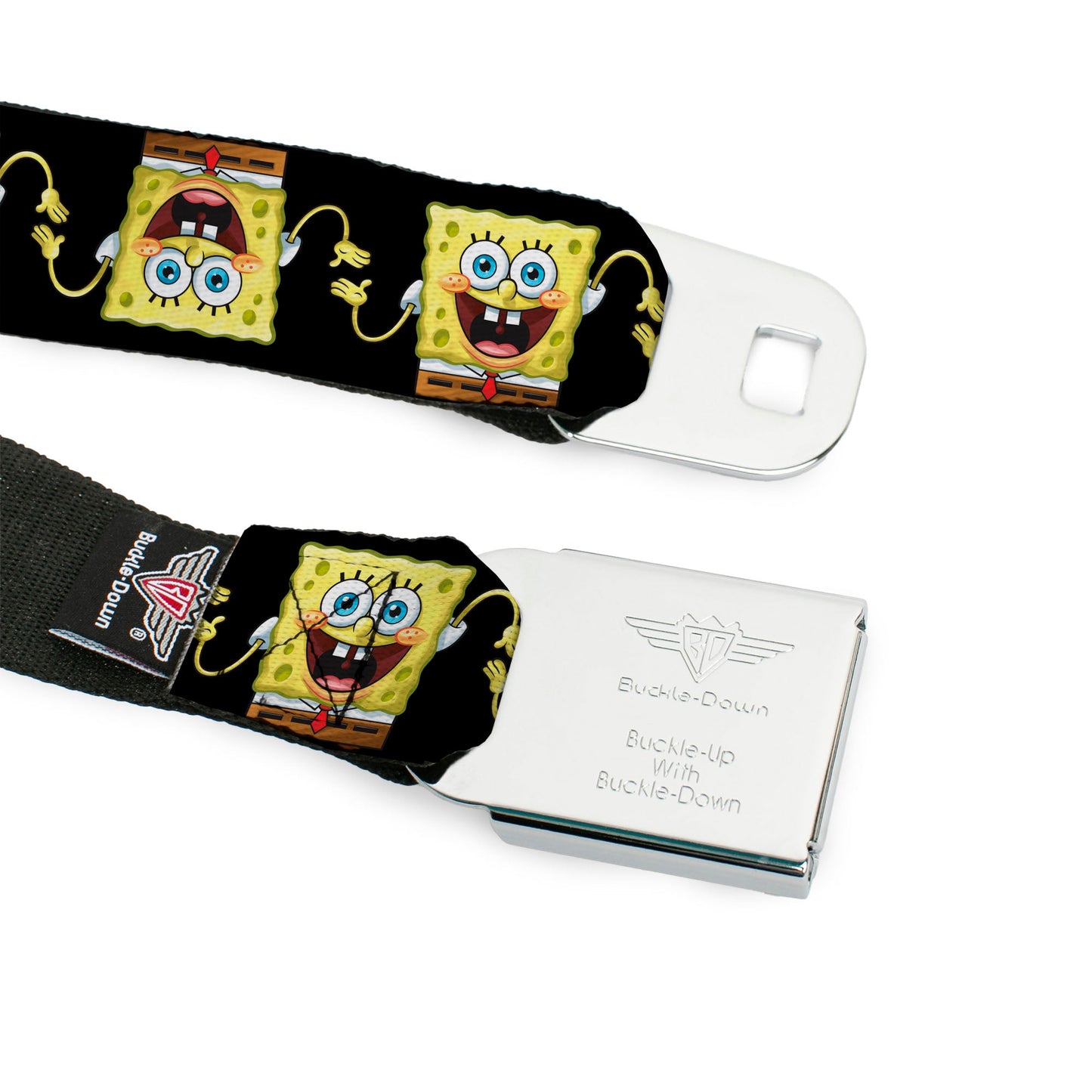 Sponge Bob Face CLOSE-UP Full Color Seatbelt Belt - SpongeBob 3-D Pose Flip Black Webbing