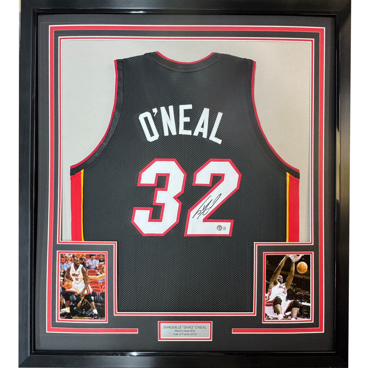 Framed Autographed/Signed Shaquille Shaq O'Neal 35x39 Miami Black Basketball Jersey Beckett BAS COA