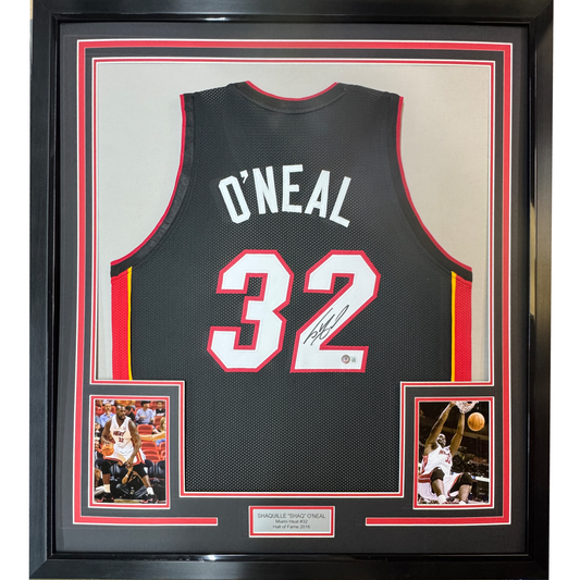 Framed Autographed/Signed Shaquille Shaq O'Neal 35x39 Miami Black Basketball Jersey Beckett BAS COA