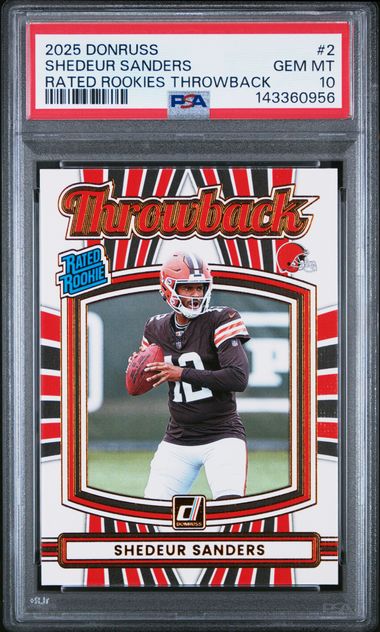 Graded 2025 Panini Donruss Shedeur Sanders #2 Rated Rookies Throwback Rookie RC Football Card PSA 10 Gem Mint