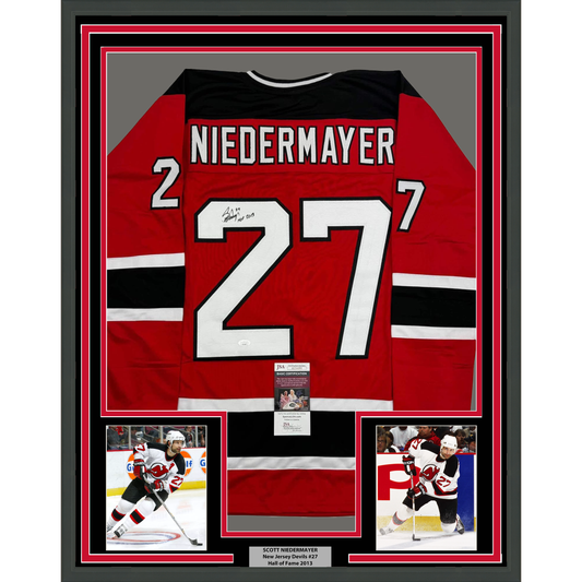Framed Autographed/Signed Scott Niedermayer "HOF 2013" 35x39 New Jersey Red Hockey Jersey JSA COA
