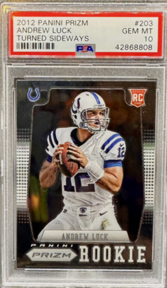Graded 2012 Panini Prizm Andrew Luck #203 Turned Sideways Rookie RC Football Card PSA 10 Gem Mint