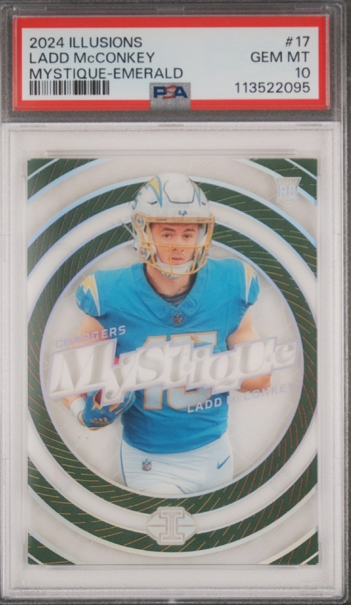 Graded 2024 Panini Illusions Ladd McConkey #17 Mystique Emerald Rookie RC Football Card PSA 10 Gem Mint