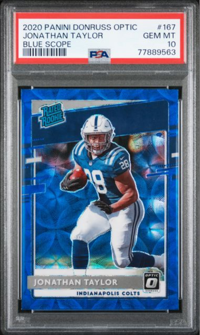 Graded 2020 Panini Donruss Optic Jonathan Taylor #167 Blue Scope Rookie RC Football Card PSA 10 Gem Mint