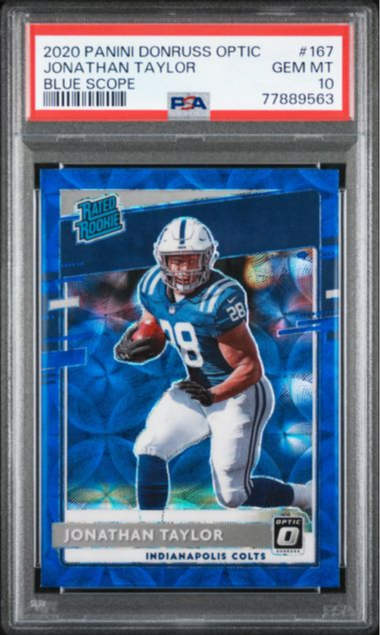 Graded 2020 Panini Donruss Optic Jonathan Taylor #167 Blue Scope Rookie RC Football Card PSA 10 Gem Mint