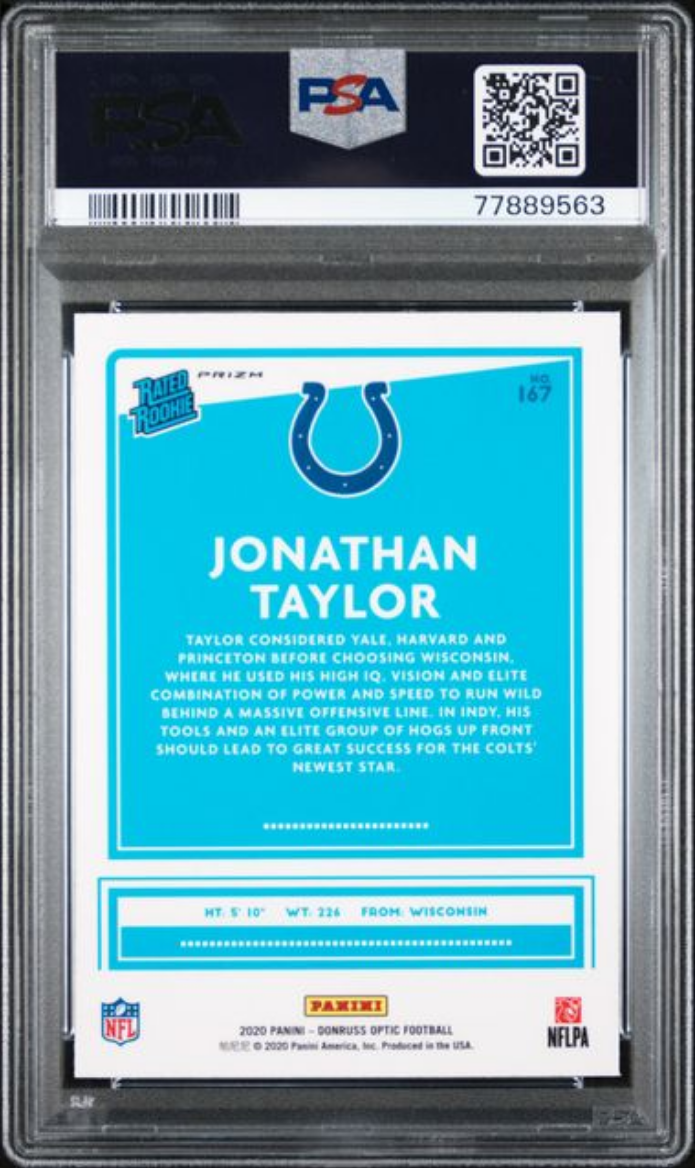 Graded 2020 Panini Donruss Optic Jonathan Taylor #167 Blue Scope Rookie RC Football Card PSA 10 Gem Mint