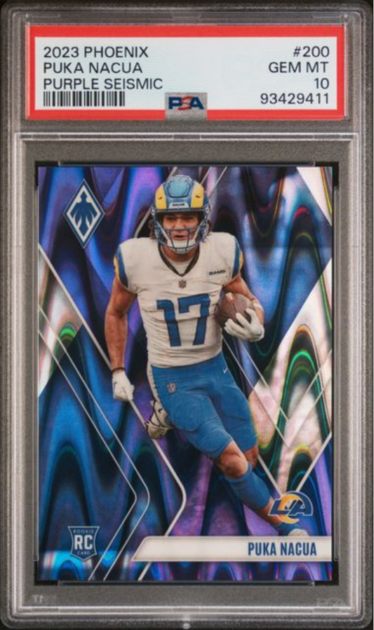 Graded 2023 Panini Phoenix Puka Nacua #200 Purple Seismic /125 Rookie RC Football Card PSA 10 Gem Mint
