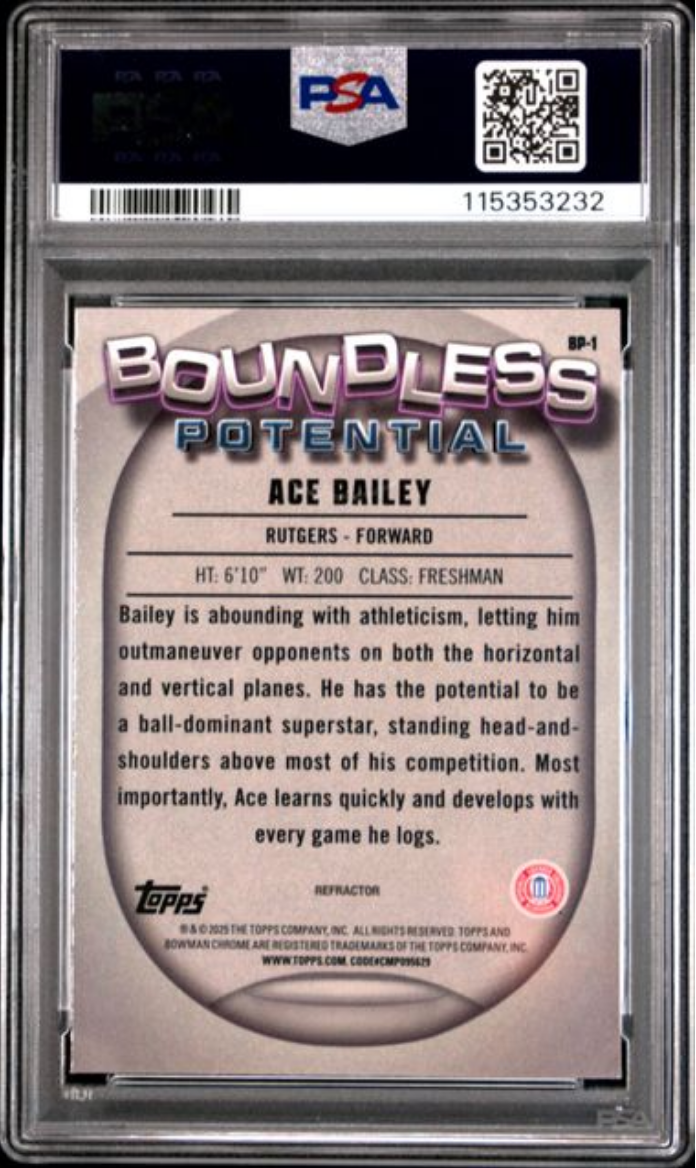 Graded 2024 Topps Bowman Chrome U Ace Bailey #BP1 Boundless Potential Refractor Rookie RC Basketball Card PSA 10 Gem Mint