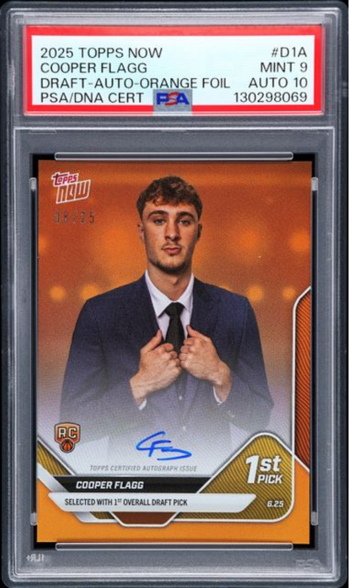 Graded 2025 Topps Now Cooper Flagg #D1A Draft Auto Orange Foil /25 Rookie RC Basketball Card PSA 9 Mint PSA 10 Auto Gem Mint