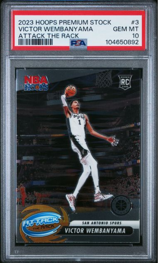 Graded 2023 Panini NBA Hoops Premium Stock Victor Wembanyama #3 Attack The Rack Rookie RC Basketball Card PSA 10 Gem Mint