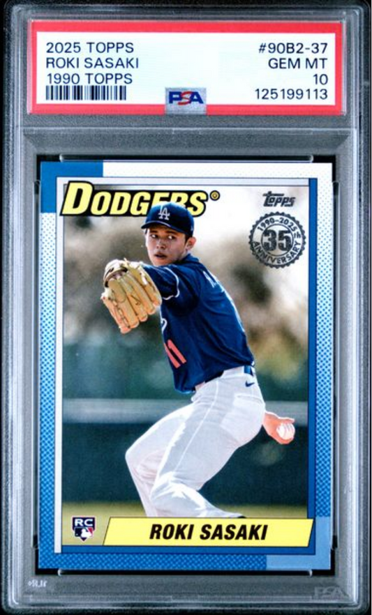 Graded 2025 Topps Roki Sasaki #90B2-37 1990 Topps Rookie RC Baseball Card PSA 10 Gem Mint