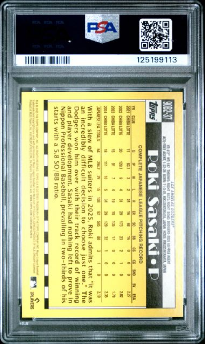 Graded 2025 Topps Roki Sasaki #90B2-37 1990 Topps Rookie RC Baseball Card PSA 10 Gem Mint