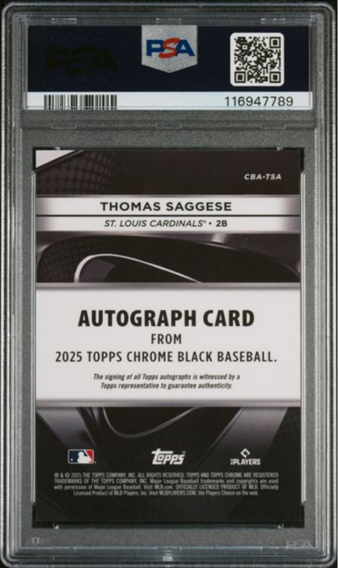 Graded 2025 Topps Chrome Black Thomas Saggese #TSA Autograph Gold Refractor /50 Rookie RC Baseball Card PSA 10 Gem Mint