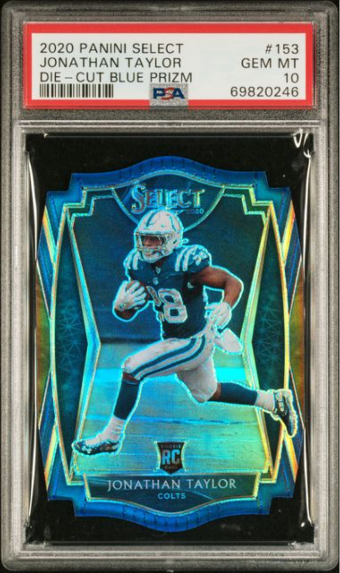 Graded 2020 Panini Select Jonathan Taylor #153 Die Cut Blue Prizm Rookie RC Football Card PSA 10 Gem Mint