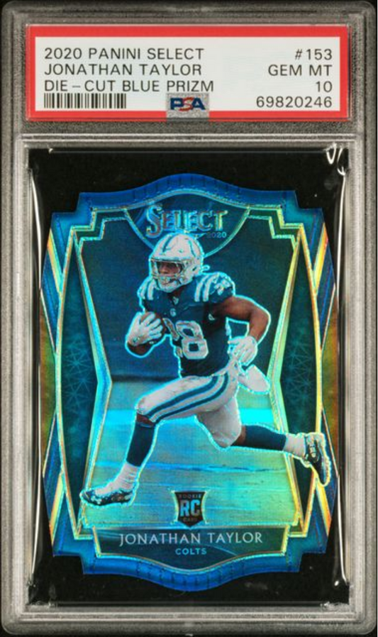 Graded 2020 Panini Select Jonathan Taylor #153 Die Cut Blue Prizm Rookie RC Football Card PSA 10 Gem Mint