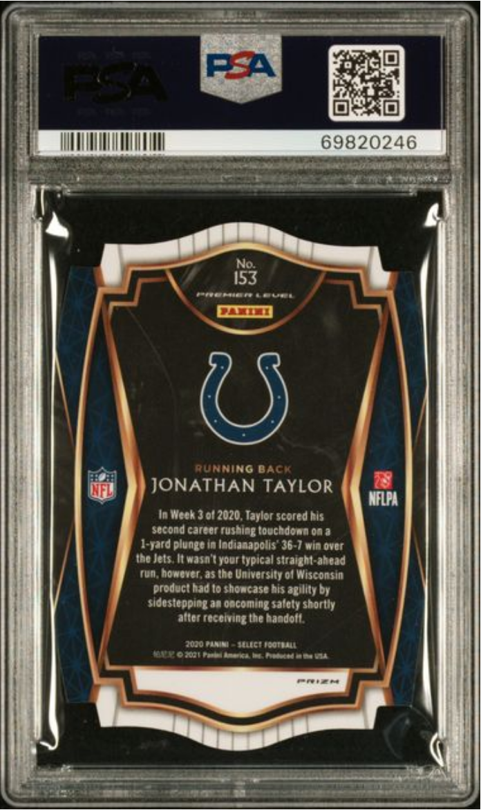 Graded 2020 Panini Select Jonathan Taylor #153 Die Cut Blue Prizm Rookie RC Football Card PSA 10 Gem Mint