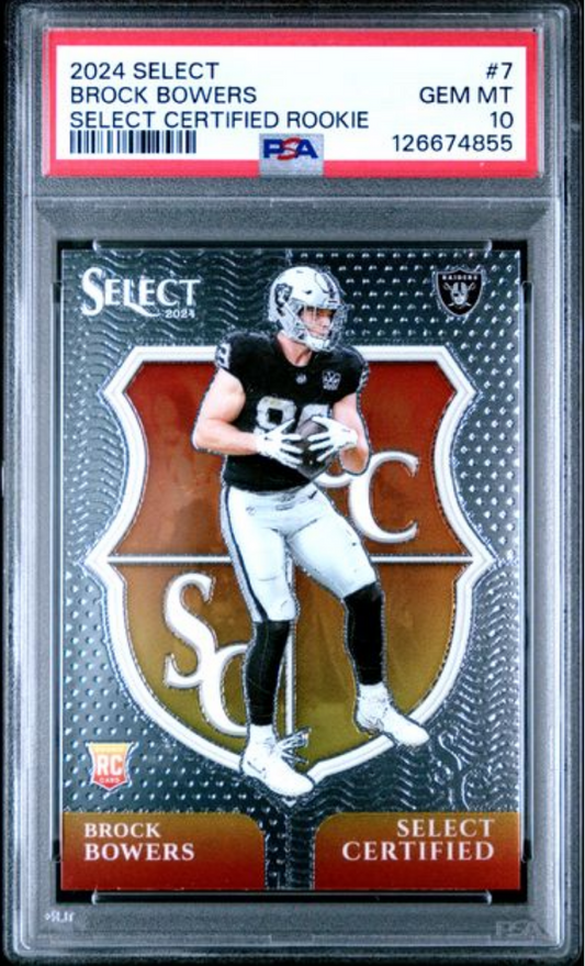 Graded 2024 Panini Select Brock Bowers #7 Select Certified Rookies Rookie RC Football Card PSA 10 Gem Mint - Golden Apple Comics
