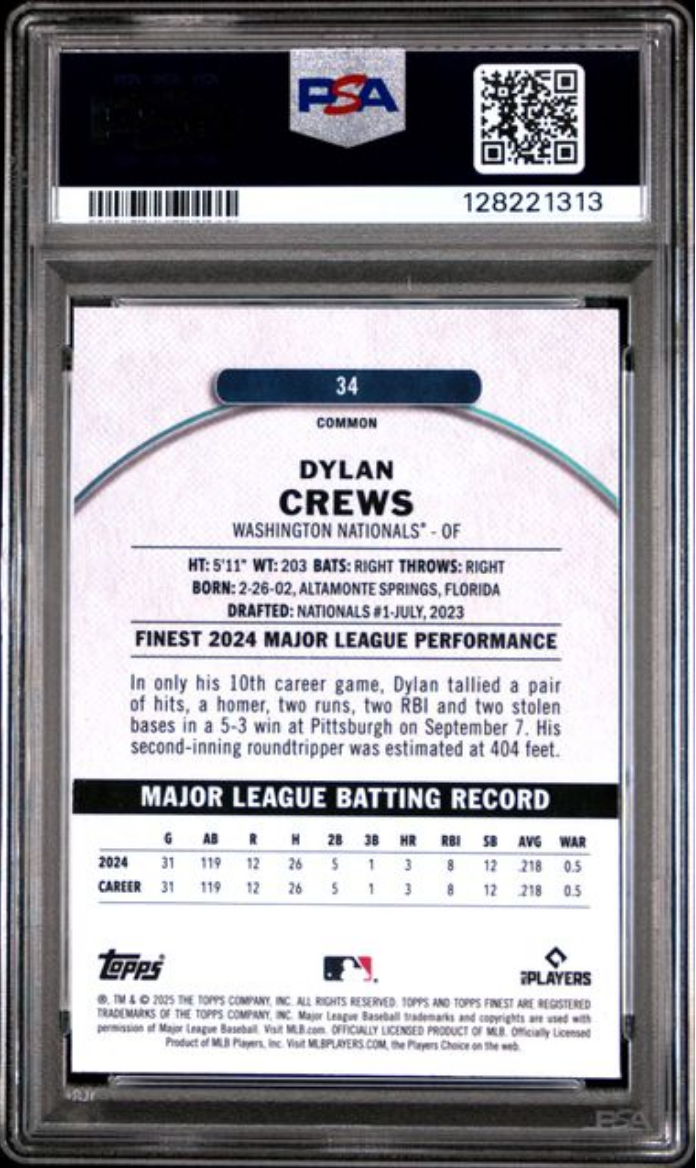 Graded 2025 Topps Finest Dylan Crews #34 Checkerboard Refractor Rookie RC Baseball Card PSA 10 Gem Mint - Golden Apple Comics