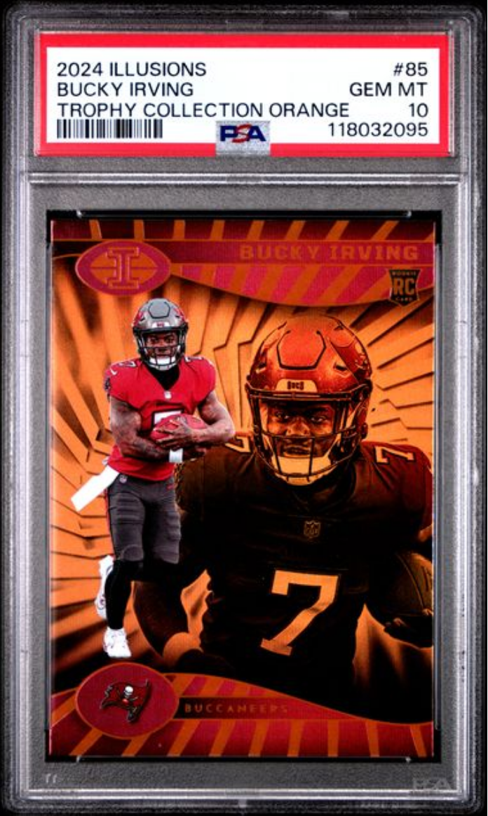 Graded 2024 Panini Illusions Bucky Irving #85 Trophy Collection Orange Rookie RC Football Card PSA 10 Gem Mint - Golden Apple Comics
