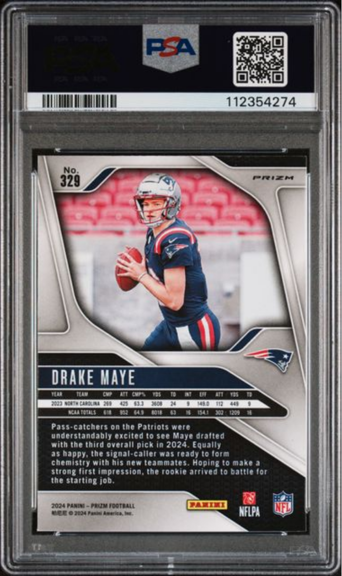Graded 2024 Panini Prizm Drake Maye #329 Lazer Prizm Rookie RC Football Card PSA 10 Gem Mint - Golden Apple Comics