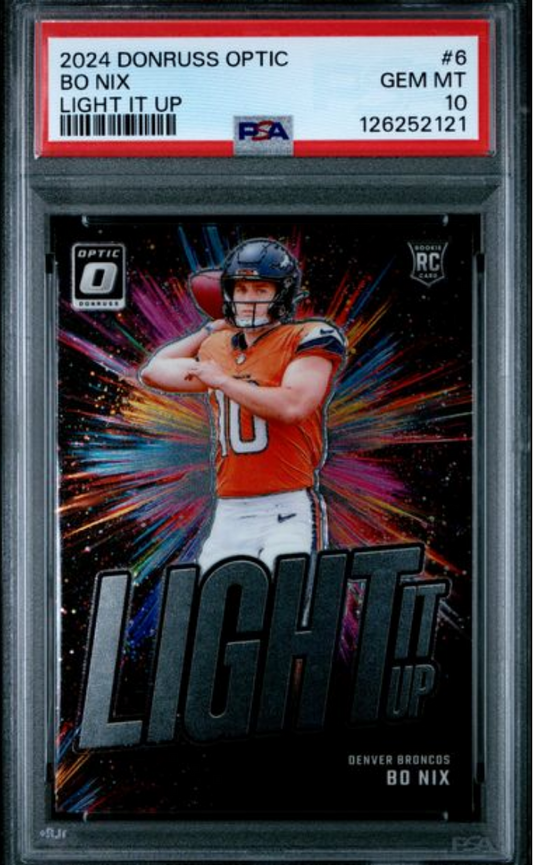Graded 2024 Panini Donruss Optic Bo Nix #6 Light It Up Rookie RC Football Card PSA 10 Gem Mint - Golden Apple Comics