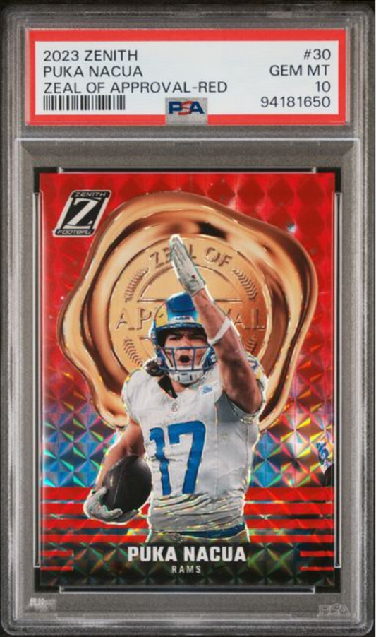 Graded 2023 Panini Zenith Puka Nacua #30 Zeal of Approval Red Rookie RC Football Card PSA 10 Gem Mint