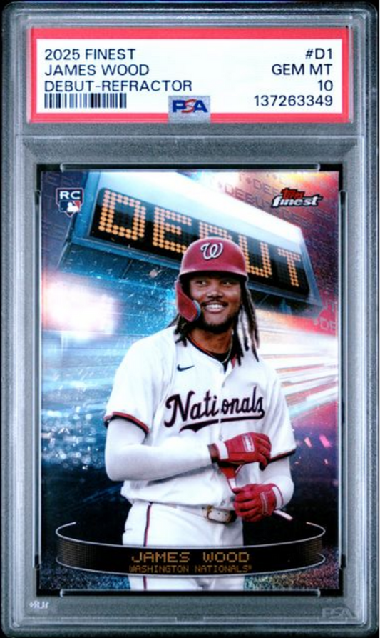 Graded 2025 Topps Finest James Wood #D1 Debut Refractor Rookie RC Baseball Card PSA 10 Gem Mint