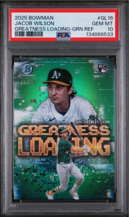 Graded 2025 Topps Bowman Jacob Wilson #GL16 Greatness Loading Green Refractor /99 Rookie RC Baseball Card PSA 10 Gem Mint