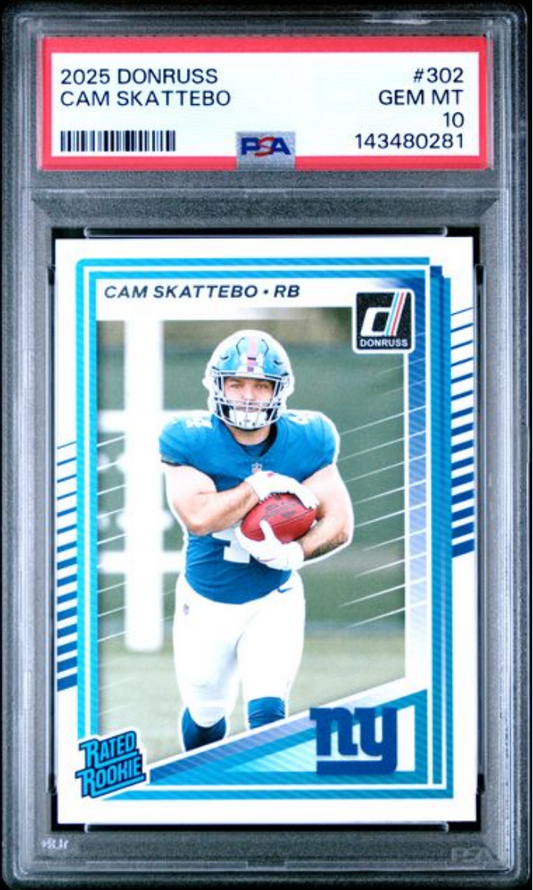 Graded 2025 Panini Donruss Cam Skattebo #302 Rookie RC Football Card PSA 10 Gem Mint