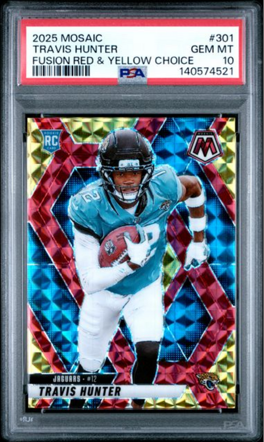 Graded 2025 Panini Mosaic Travis Hunter #301 Fusion Red/Yellow Choice /89 Rookie RC Football Card PSA 10 Gem Mint