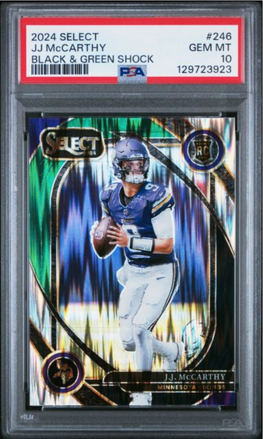 Graded 2024 Panini Select JJ McCarthy #246 Black & Green Shock Rookie RC Football Card PSA 10 Gem Mint - Golden Apple Comics