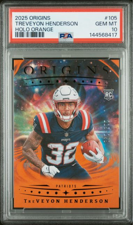 Graded 2025 Panini Origins TreVeyon Henderson #105 Holo Orange /249 Rookie RC Football Card PSA 10 Gem Mint