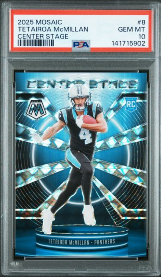 Graded 2025 Panini Mosaic Tetairoa McMillan #8 Center Stage Rookie RC Football Card PSA 10 Gem Mint