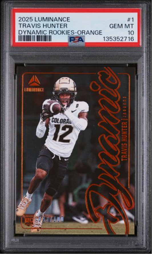 Graded 2025 Panini Luminance Travis Hunter #1 Dynamic Rookies Orange /100 Rookie RC Football Card PSA 10 Gem Mint
