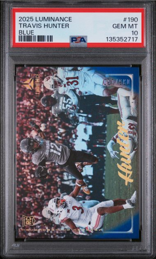 Graded 2025 Panini Luminance Travis Hunter #190 Blue /150 Rookie RC Football Card PSA 10 Gem Mint