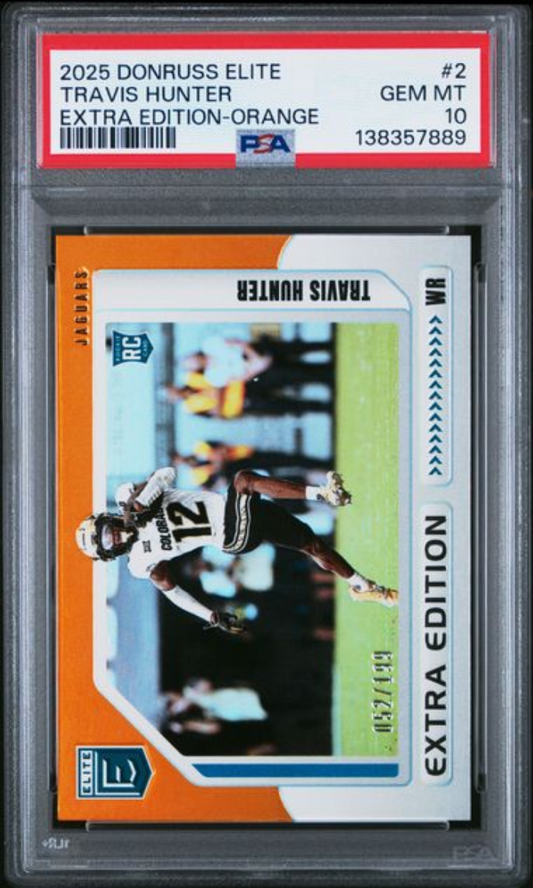 Graded 2025 Panini Donruss Elite Travis Hunter #2 Extra Edition Orange /199 Rookie RC Football Card PSA 10 Gem Mint