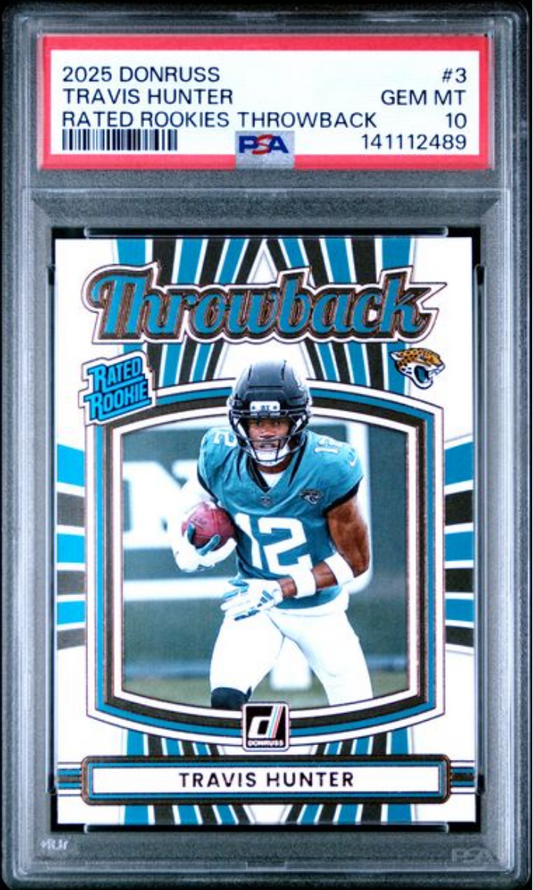 Graded 2025 Panini Donruss Travis Hunter #3 Rated Rookies Throwback Rookie RC Football Card PSA 10 Gem Mint