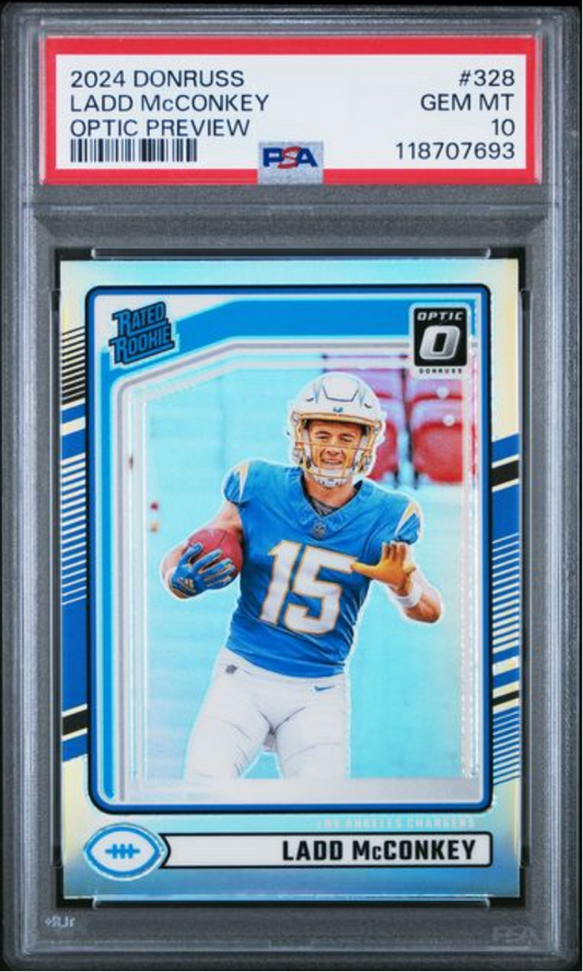 Graded 2024 Panini Donruss Ladd McConkey #328 Optic Preview Rookie RC Football Card PSA 10 Gem Mint