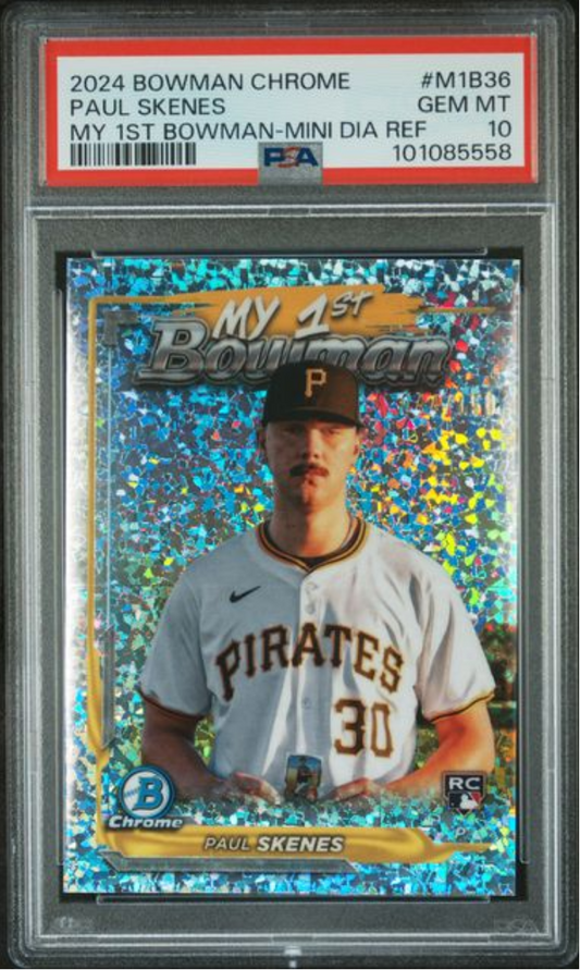 Graded 2024 Topps Bowman Chrome Paul Skenes #M1B36 My 1st Bowman Mini Diamond Refractor Rookie RC Baseball Card PSA 10 Gem Mint