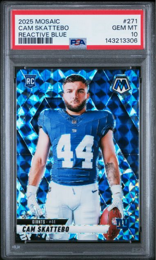 Graded 2025 Panini Mosaic Cam Skattebo #271 Reactive Blue Rookie RC Football Card PSA 10 Gem Mint