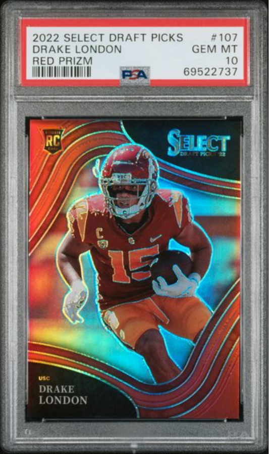 Graded 2022 Panini Select Draft Picks Drake London #107 Red Prizm /149 Rookie RC Football Card PSA 10 Gem Mint