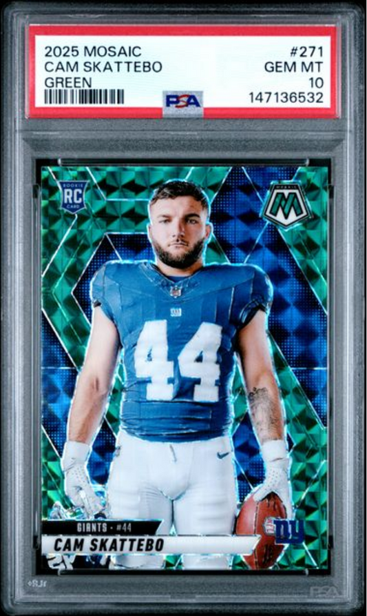 Graded 2025 Panini Mosaic Cam Skattebo #271 Green Rookie RC Football Card PSA 10 Gem Mint