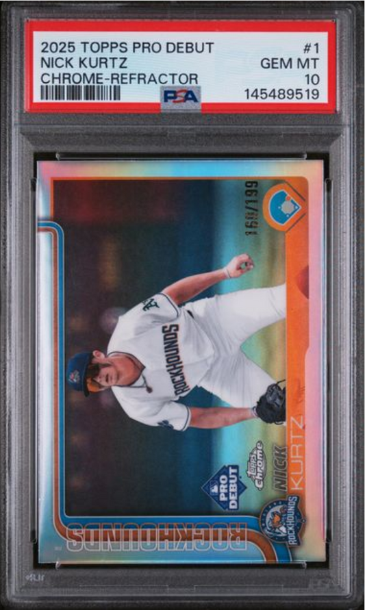 Graded 2025 Topps Pro Debut Nick Kurtz #1 Chrome Refractor /199 Rookie RC Baseball Card PSA 10 Gem Mint