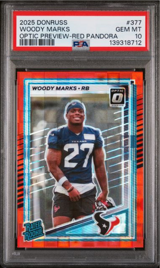 Graded 2025 Panini Donruss Woody Marks #377 Optic Preview Red Pandora Rookie RC Football Card PSA 10 Gem Mint
