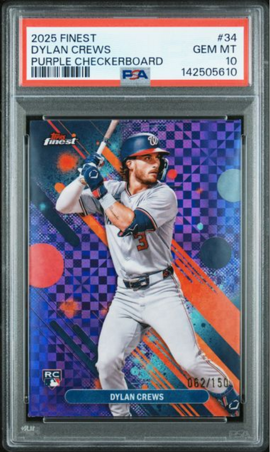 Graded 2025 Topps Finest Dylan Crews #34 Purple Checkerboard /150 Rookie RC Baseball Card PSA 10 Gem Mint